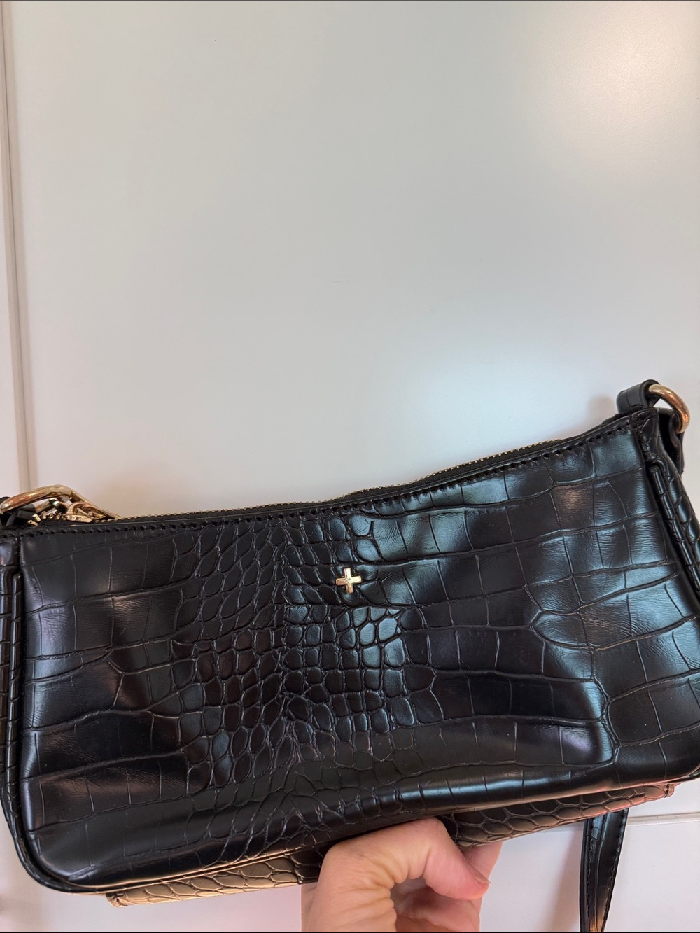 Peta + Jain Black Croc-Embossed Shoulder Bag with Gold Accent